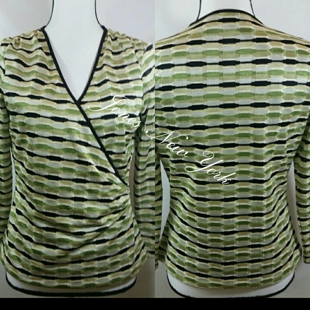 Jones New York Surplice Knit Top Sz S Green Black